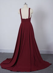 Cocktail Dress, Wine Red Chiffon High Slit Long Party Dress, Charming Long Straps Bridesmaid Dresses