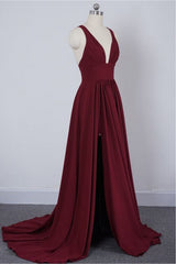 Ball Gown, Wine Red Chiffon High Slit Long Party Dress, Charming Long Straps Bridesmaid Dresses