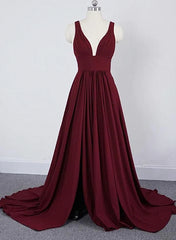 Graduation Outfit Ideas, Wine Red Chiffon High Slit Long Party Dress, Charming Long Straps Bridesmaid Dresses