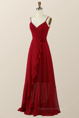 Formal Dresses For Teens, Wine Red Chiffon Wrap Ruffle Long Bridesmaid Dress