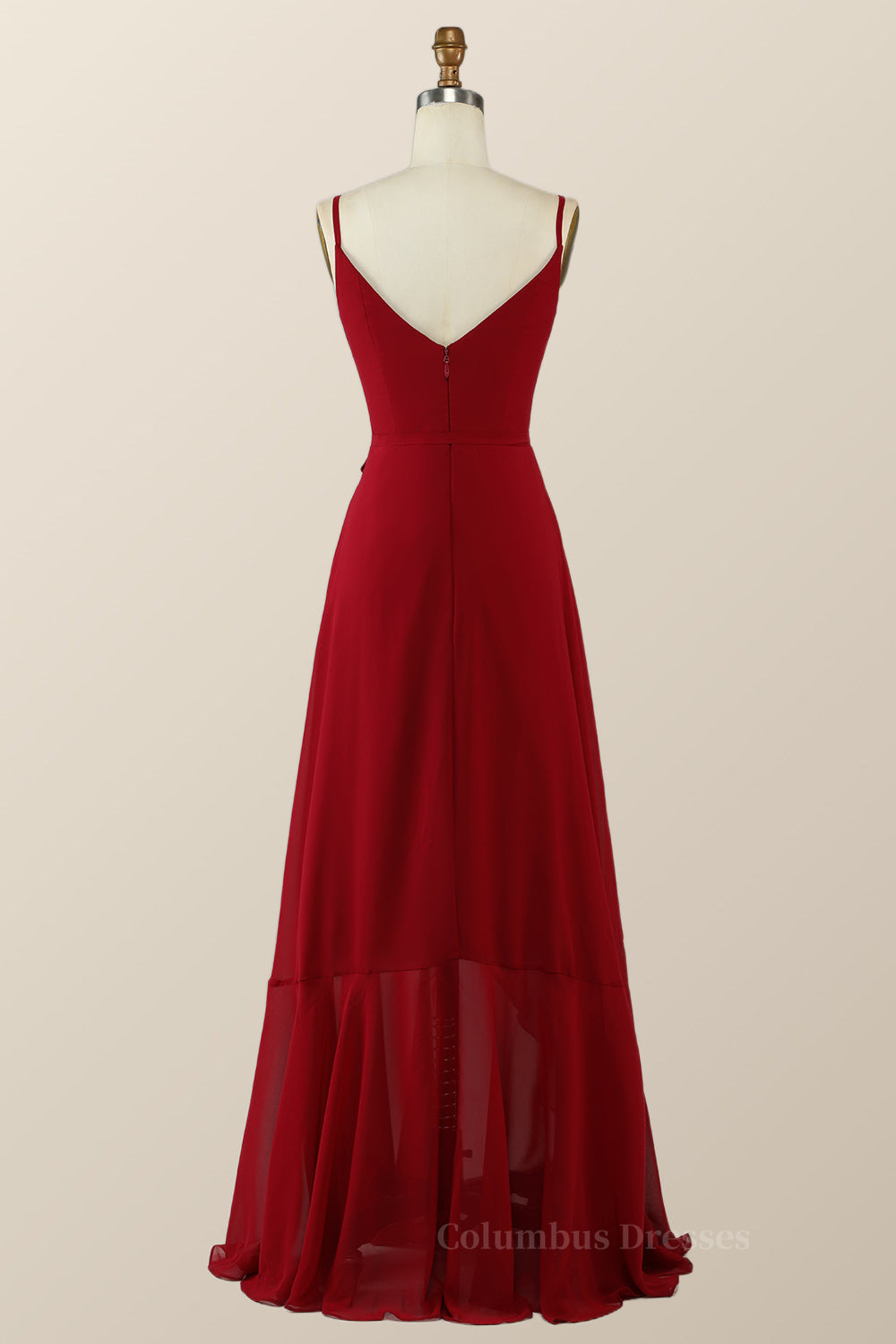 Formal Dresses For Weddings, Wine Red Chiffon Wrap Ruffle Long Bridesmaid Dress