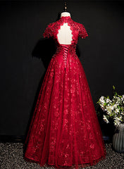 Bridesmaid Dresses Long Sleeve, Wine Red Lace A-line Open Back Long Prom Dress, A-line Wine Red Formal Dress