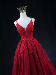 Prom Dresses For Black, Wine Red Lace Applique Straps V-neckline Party Dress, Floor Length Wine Red Prom Dress