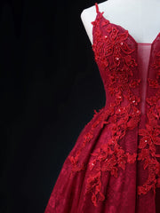 Prom Dress Shops Nearby, Wine Red Lace Applique Straps V-neckline Party Dress, Floor Length Wine Red Prom Dress