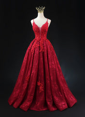 Prom Dresses Boho, Wine Red Lace Applique Straps V-neckline Party Dress, Floor Length Wine Red Prom Dress