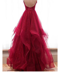 Prom Dress Long Sleeve Ball Gown, Wine Red Layers Tulle V-neckline Straps Formal Dress, Wine Red Evening Dress Party Dress