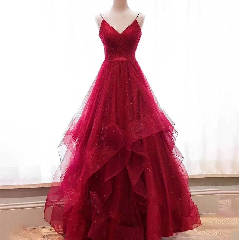 Prom Dresses For 12 Year Olds, Wine Red Layers Tulle V-neckline Straps Formal Dress, Wine Red Evening Dress Party Dress