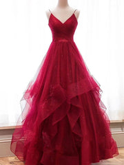 Prom Dresses Light Blue Long, Wine Red Layers Tulle V-neckline Straps Formal Dress, Wine Red Evening Dress Party Dress