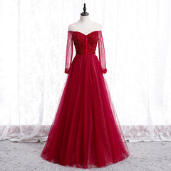 Party Dress For Christmas Party, Wine Red Long Sleeves Beaded Tulle Evening Gown, A-line Wine Red Long Prom Dress