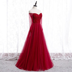 Party Dresses For Christmas Party, Wine Red Long Sleeves Beaded Tulle Evening Gown, A-line Wine Red Long Prom Dress