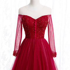 Party Dress Up Ideas Halloween Costumes, Wine Red Long Sleeves Beaded Tulle Evening Gown, A-line Wine Red Long Prom Dress