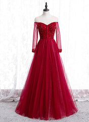 Party Dresses Miami, Wine Red Long Sleeves Beaded Tulle Evening Gown, A-line Wine Red Long Prom Dress