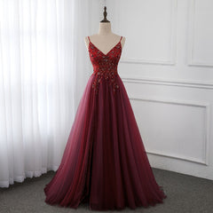 Bridesmaid Dress Stylee, Wine Red Long Tulle V-neckline Beaded Junior Prom Dress, Dark Red Party Dress