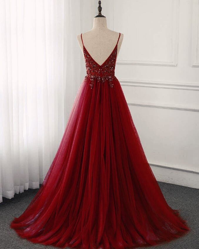 Bridesmaid Dress Style, Wine Red Long Tulle V-neckline Beaded Junior Prom Dress, Dark Red Party Dress