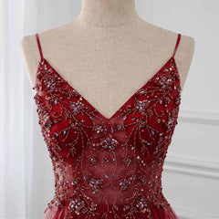 Bridesmaid Dresses Styles, Wine Red Long Tulle V-neckline Beaded Junior Prom Dress, Dark Red Party Dress