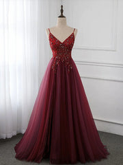 Bridesmaid Dresse Styles, Wine Red Long Tulle V-neckline Beaded Junior Prom Dress, Dark Red Party Dress