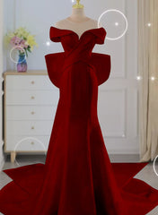 Wedding Dress Short, Wine Red Mermaid Long Party Dress with Bow, Wine Red Wedding Party Dress
