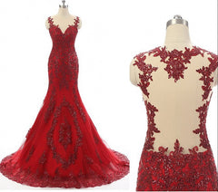 Homecoming Dresses Sage Green, Wine Red Mermaid Long Party Dress with Lace Applique, Wine Red Formal Dresses