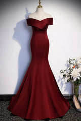 Wedding Dress Style, Wine Red Mermaid Long Prom Dress, Off the Shoulder V-Neck Wedding Party Dress