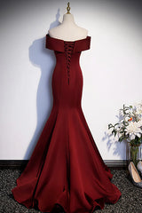 Wedding Dresses Online, Wine Red Mermaid Long Prom Dress, Off the Shoulder V-Neck Wedding Party Dress