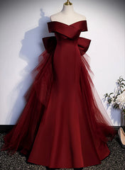 Wedding Dress Long Sleeve, Wine Red Mermaid Long Prom Dress, Off the Shoulder V-Neck Wedding Party Dress