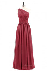 Evening Dress Online, Wine Red One Shoulder A-line Chiffon Long Bridesmaid Dress