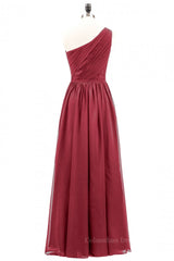 Evening Dress Cheap, Wine Red One Shoulder A-line Chiffon Long Bridesmaid Dress