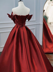 Bridesmaids Dresses Formal, Wine Red Satin A-line Beaded Off Shoulder Party Dress, Wine Red Prom Dress Formal Dress