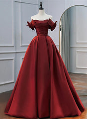 Bridesmaid Dress Elegant, Wine Red Satin A-line Beaded Off Shoulder Party Dress, Wine Red Prom Dress Formal Dress