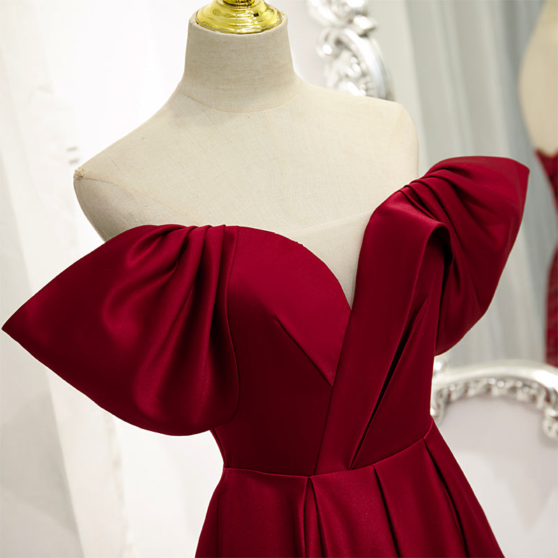Evening Dress Prom, Wine Red Satin A-line Floor Length Party Dresses, Burgundy Long Formal Dresses