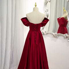 Evening Dresses Prom, Wine Red Satin A-line Floor Length Party Dresses, Burgundy Long Formal Dresses