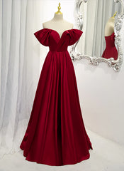 Evening Dress Black, Wine Red Satin A-line Floor Length Party Dresses, Burgundy Long Formal Dresses