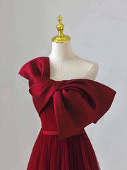 Wedding Theme, Wine Red Satin and Tulle A-line Simple Prom Dress, Floor Length Party Dress
