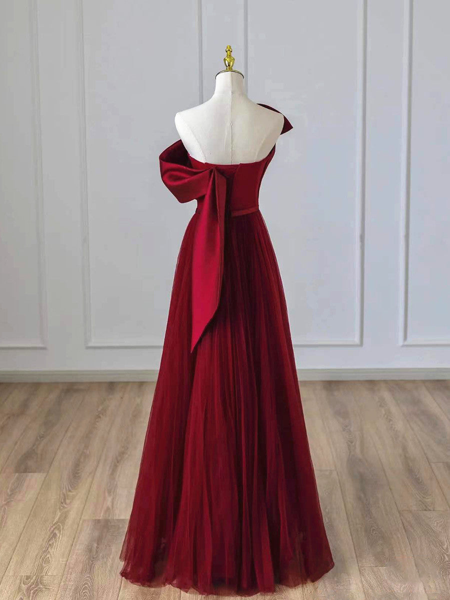 Wedding Flower, Wine Red Satin and Tulle A-line Simple Prom Dress, Floor Length Party Dress