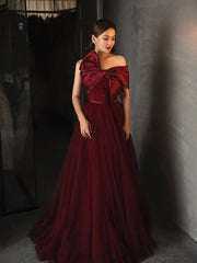 Fall Wedding, Wine Red Satin and Tulle A-line Simple Prom Dress, Floor Length Party Dress