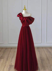 Winter Formal Dress, Wine Red Satin and Tulle A-line Simple Prom Dress, Floor Length Party Dress