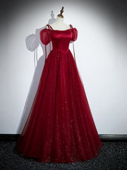 Bridesmaid Dress Stylee, Wine Red Satin and Tulle Straps Long Prom Dress, Wine Red Off Shoulder Party Dress