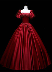 Party Dresses Ladies, Wine Red Satin Beaded Ball Gown Sweet 16 Dress, Wine Red Evening Formal Dress