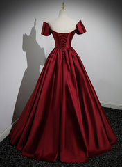 Prom Dress With Shorts, Wine Red Satin Long Party Dress, Off Shoulder Sweetheart Floor Length Prom Dress