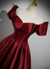 Prom Dresses With Shorts, Wine Red Satin Long Party Dress, Off Shoulder Sweetheart Floor Length Prom Dress