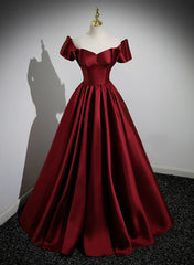 Prom Dresses Nearby, Wine Red Satin Long Party Dress, Off Shoulder Sweetheart Floor Length Prom Dress
