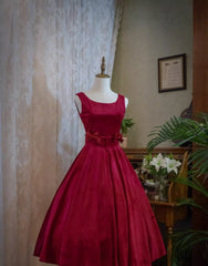 Wedding Dresses Long Sleeve, Wine Red Satin Tea Length Party Dress with Bow, Wine Red Wedding Party Dress