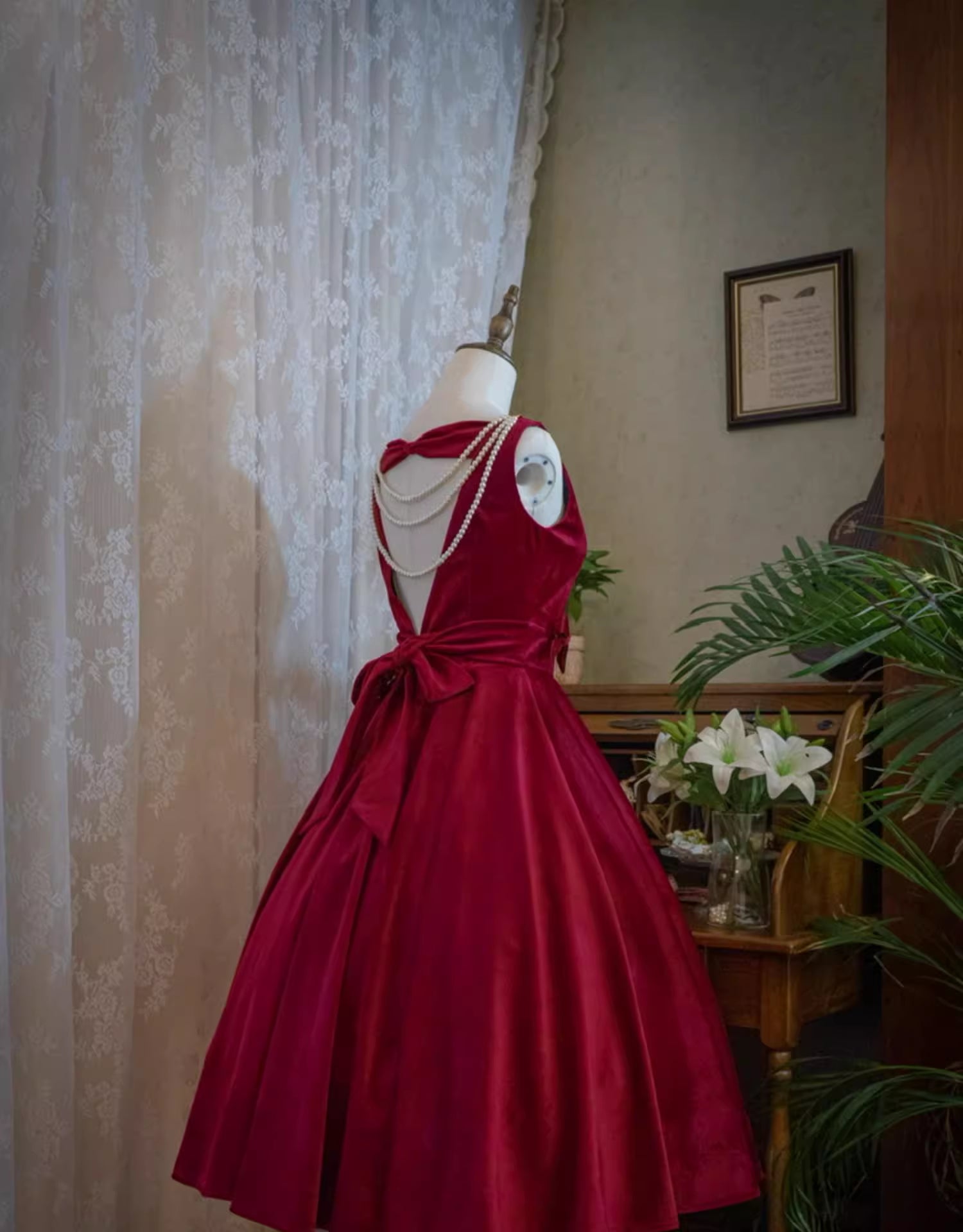 Wedding Dress Shopping, Wine Red Satin Tea Length Party Dress with Bow, Wine Red Wedding Party Dress