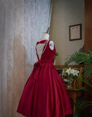 Wedding Dress Shopping, Wine Red Satin Tea Length Party Dress with Bow, Wine Red Wedding Party Dress