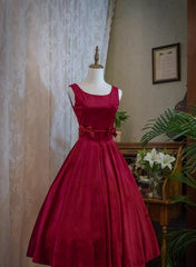 Wedding Dress Outfit, Wine Red Satin Tea Length Party Dress with Bow, Wine Red Wedding Party Dress