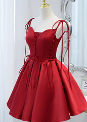 Prom Dresses Dresses, Wine Red Satin V-neckline Straps Beaded Short Prom Dress, Wine Red Party Dresses