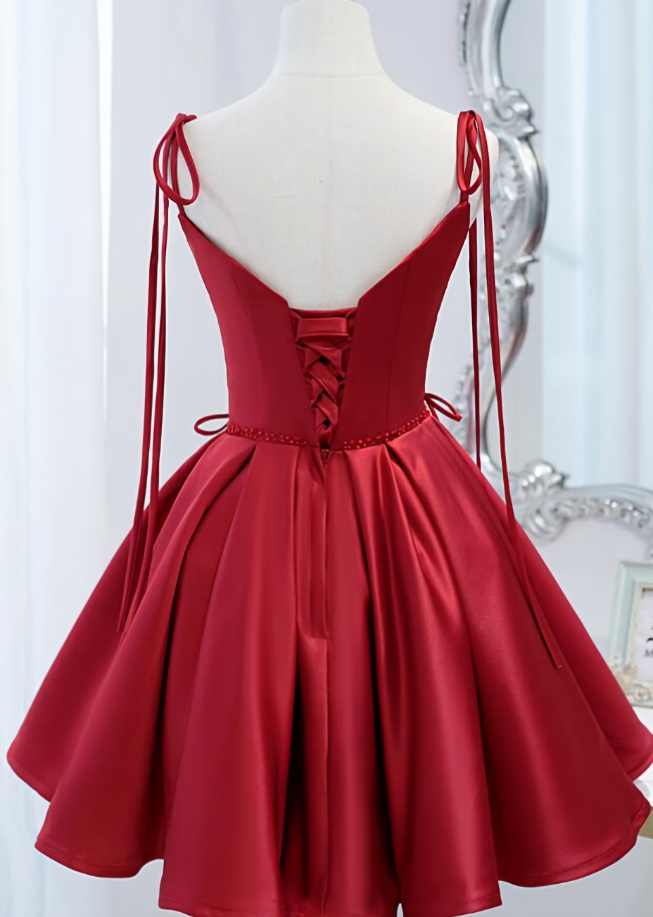 Prom Dress Dresses, Wine Red Satin V-neckline Straps Beaded Short Prom Dress, Wine Red Party Dresses