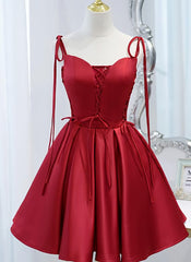 Prom Dress 2014, Wine Red Satin V-neckline Straps Beaded Short Prom Dress, Wine Red Party Dresses