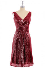 Maxi Dress Outfit, Wine Red Sequin V Neck Short Bridesmaid Dress