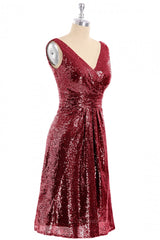 Dress Short, Wine Red Sequin V Neck Short Bridesmaid Dress